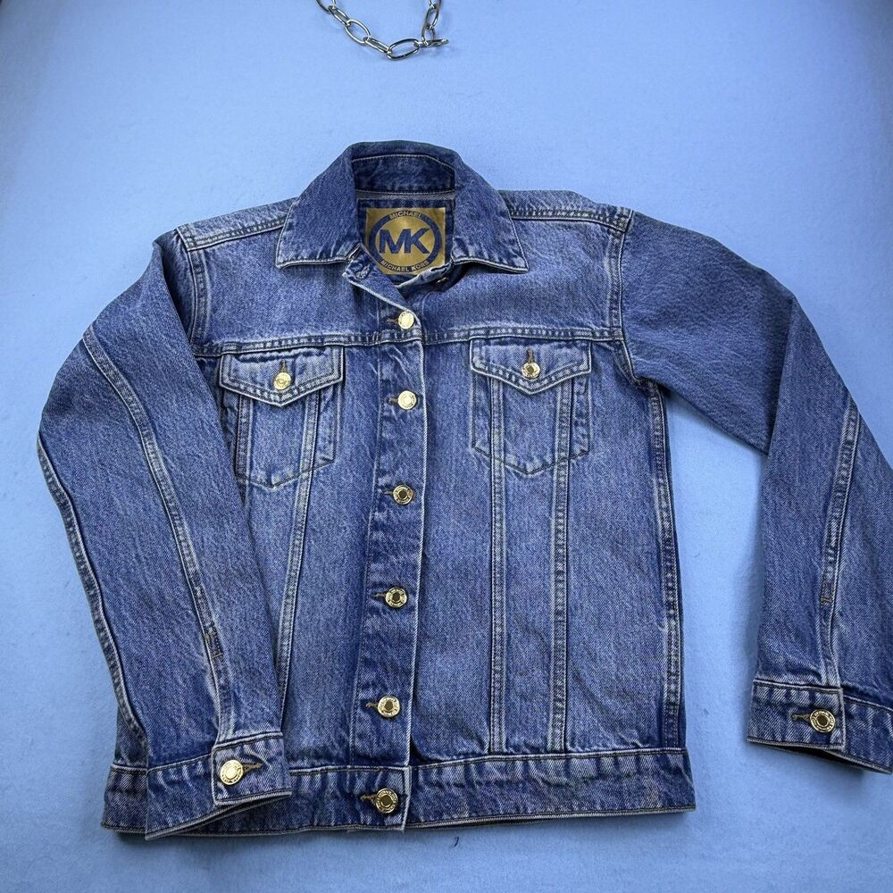 Michael Kors Womens Blue Denim Jacket Gold-Tone Buttons Size XS 1220